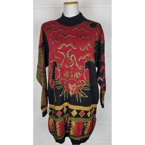 Vintage I.Magnin Long Tunic Sweater Black Gold Red Tiger Tapestry L?